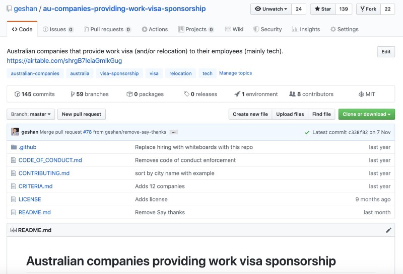 AU companies providing work visa sponsorship open source GitHub repo