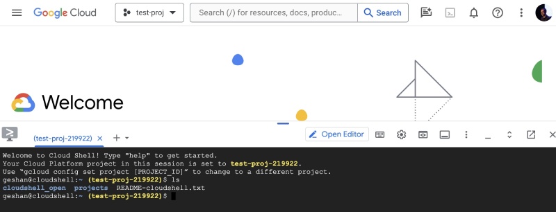Google Cloud Shell terminal window in action