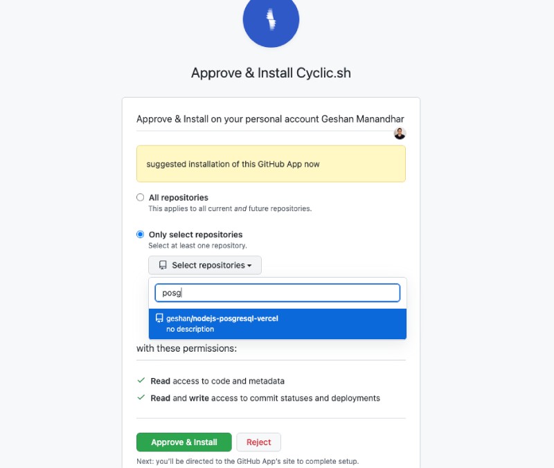 Link your GitHub with Cyclic vai its app