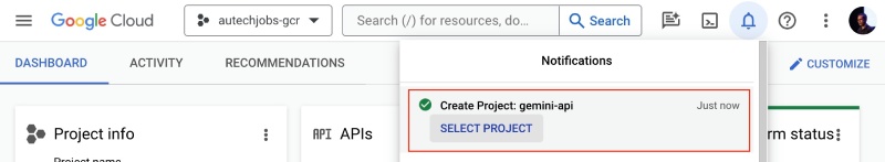 Select your newly created GCP projct to use it for building the summarizer