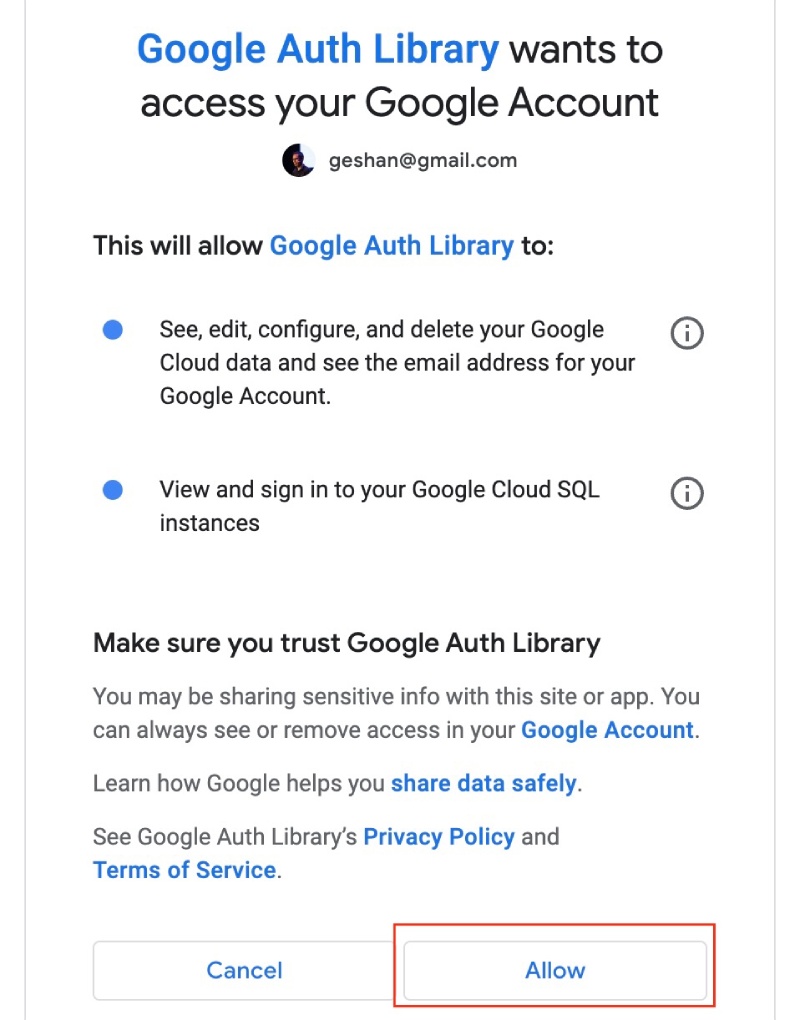 Allow GCP gcloud auth to access your Google account details