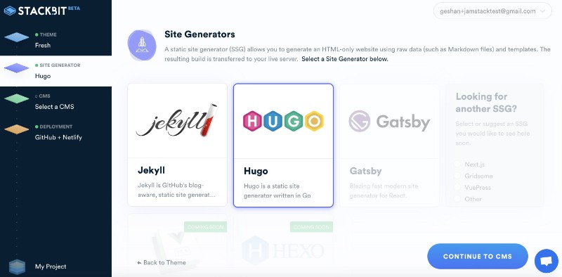 Choose Hugo as the Static site generator for your website