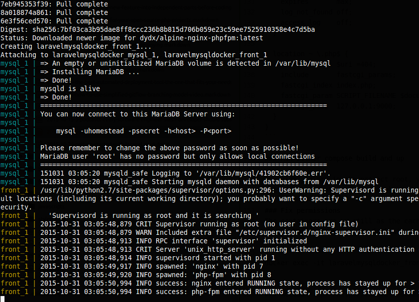 Laravel, MariaDB (MySQL) and docker, docker compose up output