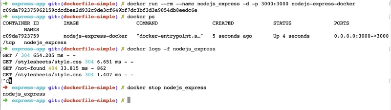 Ouptut of docker run with logs and later stopping it