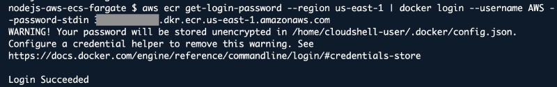 AWS Console UI showing AWS CloudShell with ECR login command output AWS Console UI showing AWS CloudShell with ECR login command output