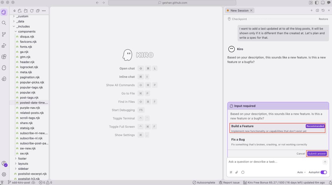 AWS Kiro Build a feature selection