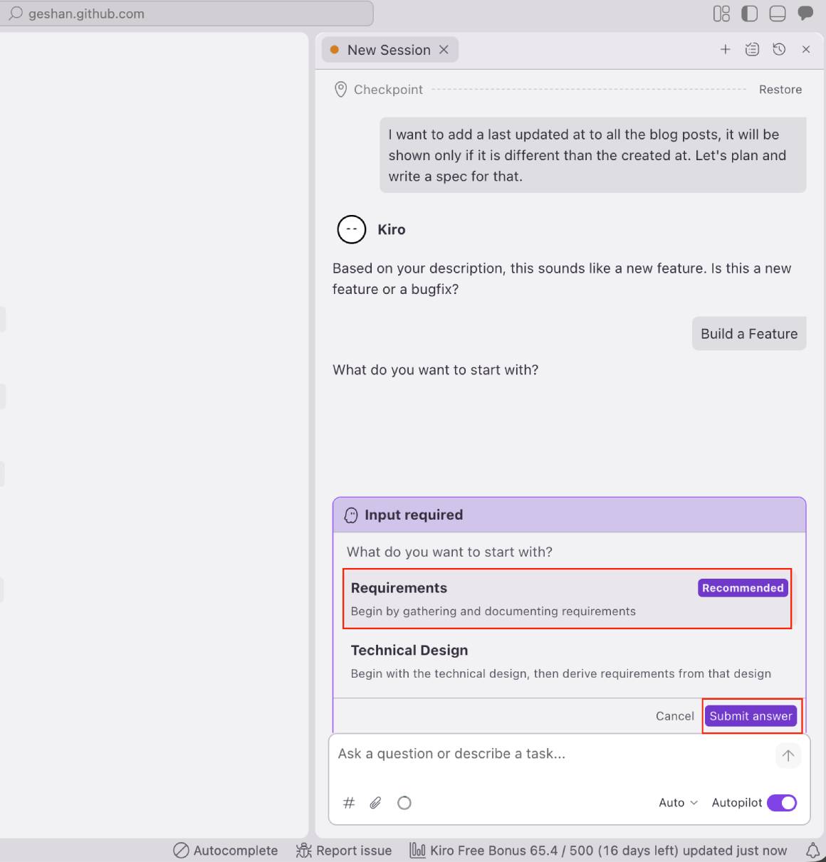 AWS Kiro asking to write the requirements doc