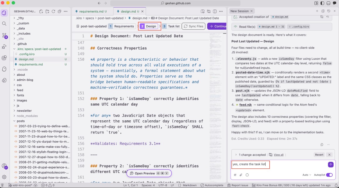 AWS Kiro creating the task list after writing the design doc