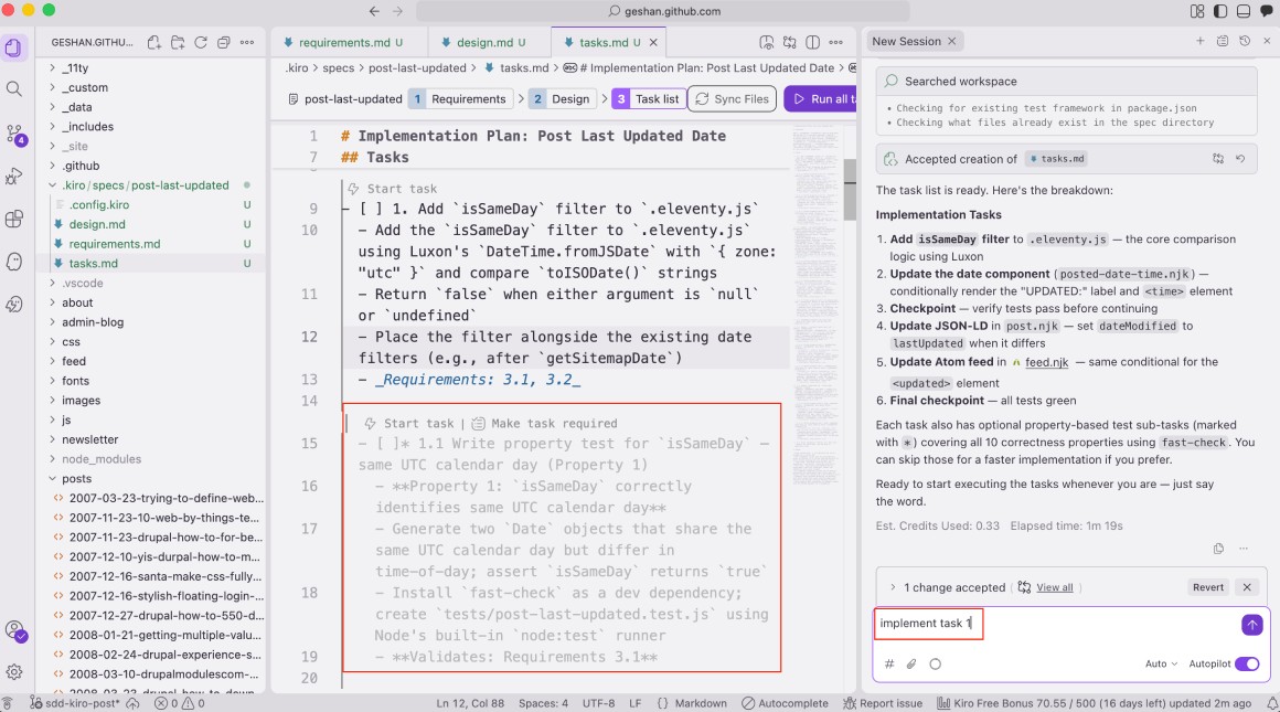 Asking AWS Kiro to implement the first task