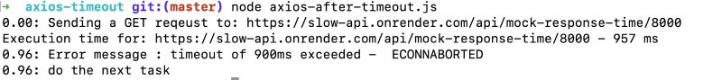 Output after Axios timeout - takes 0.96 seconds
