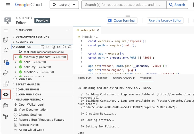 Quick check of the Cloud Run service in Cloud Code inside the Google Cloud Shell Editor