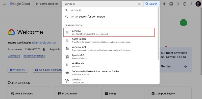 Search for vertex on the GCP UI search bar