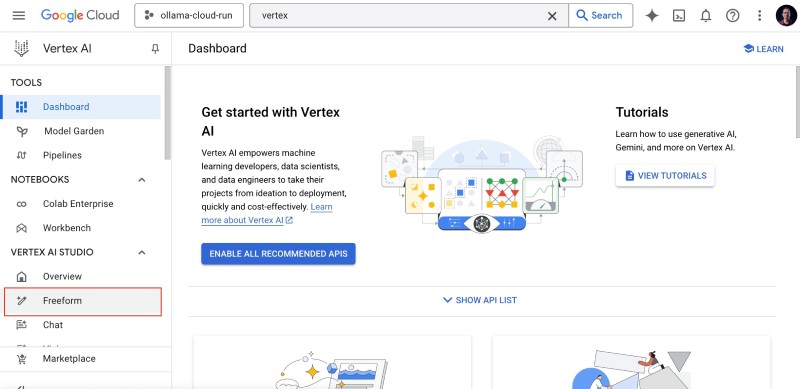 Click on Freeform under Vertex AI Studio on the Vertex AI page on GCP