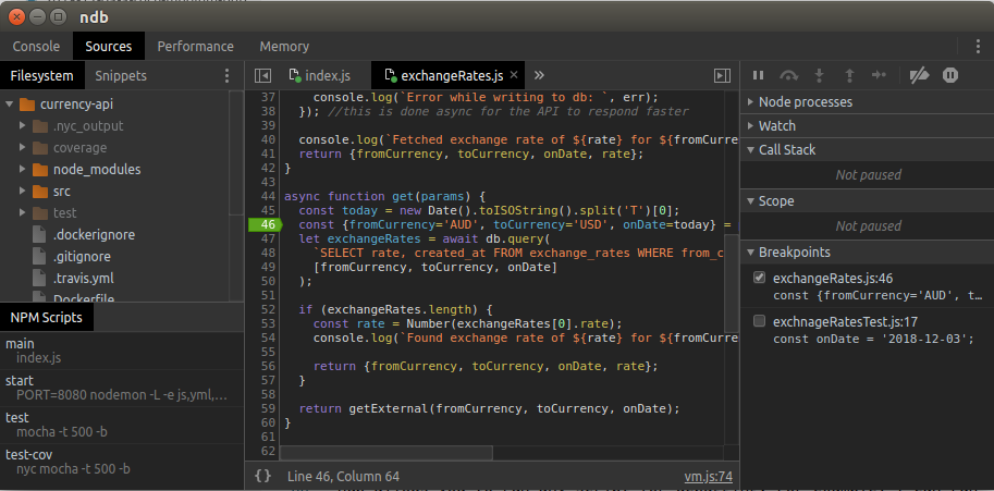Debugging nodejs applications using ndb step by step guide