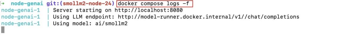 Docker Model runner and Docker compose logs of Node.js App with Smollm2 open model
