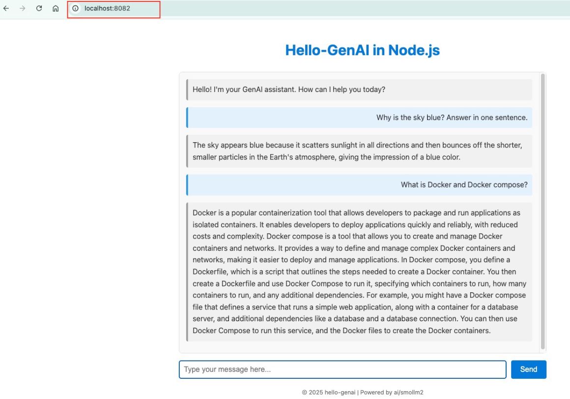 Docker Model runner and Docker compose Node.js App with Smollm2 open model running on the browser