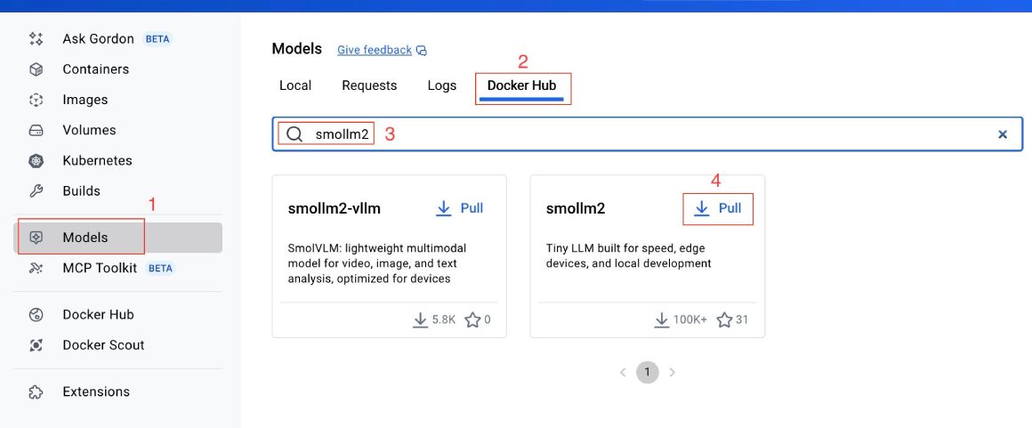 Search for Smollm2 on DockerHub from Docker Desktop Models section