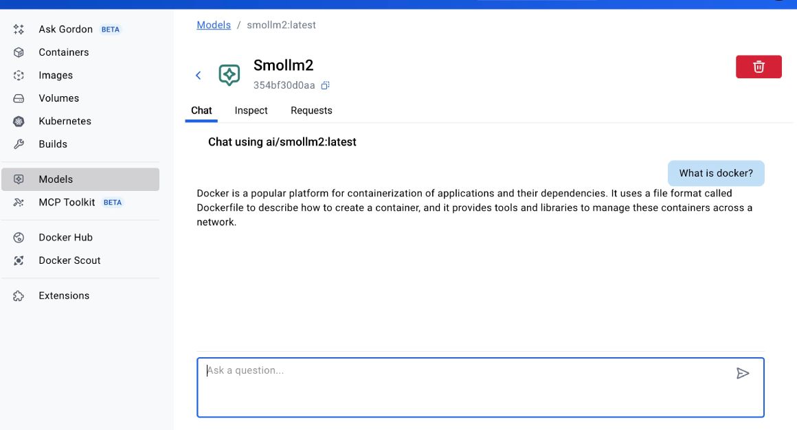 Chatting with Smollm2 open model on Docker Desktop
