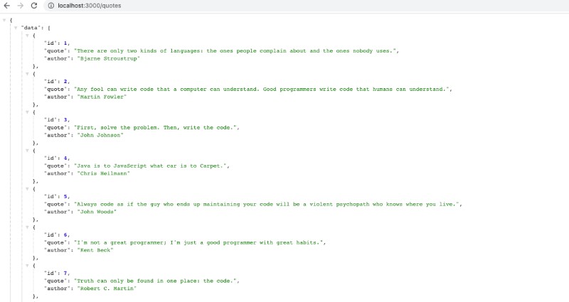 Quotes API working with Dockerized Node.js and PostgreSQL using docker-compose