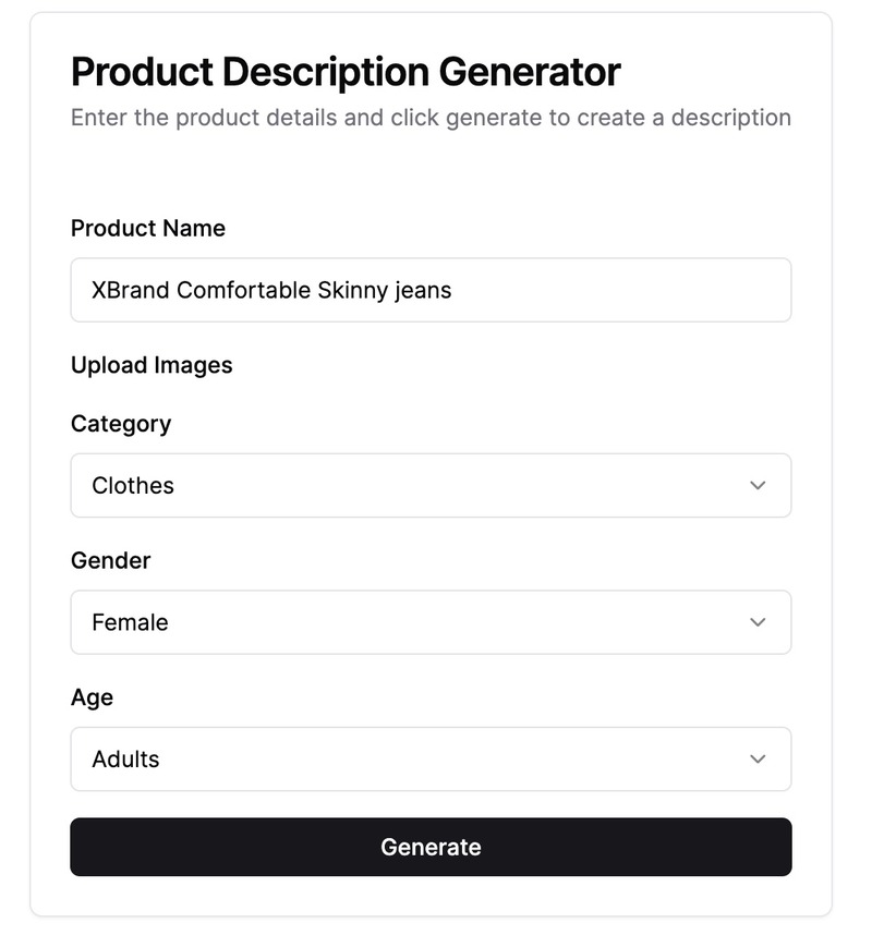Example UI generated by V0 for the product description generator