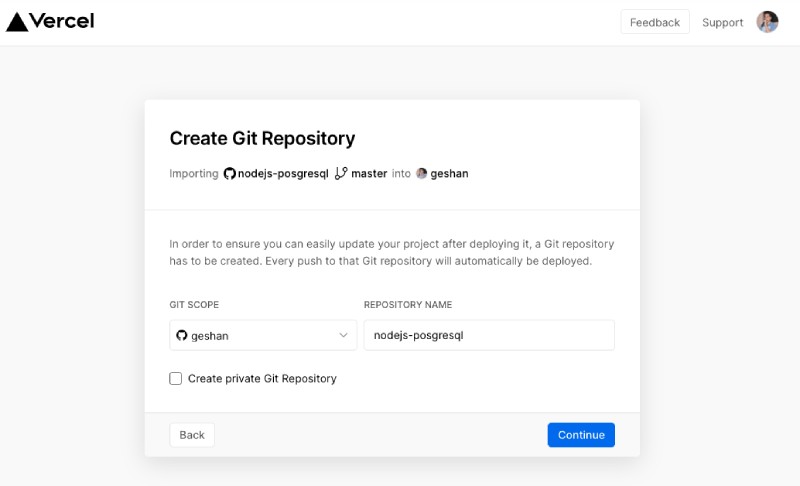 Create Github Repo within Vercel for Node.js free hosting