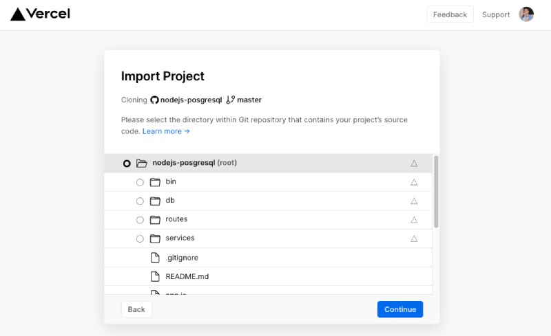 Choose root as the project source code in Vercel