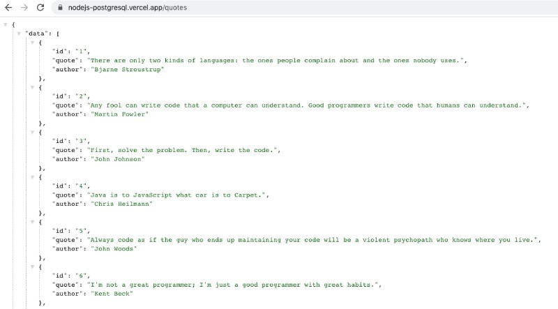 The quotes API is running on Vercel