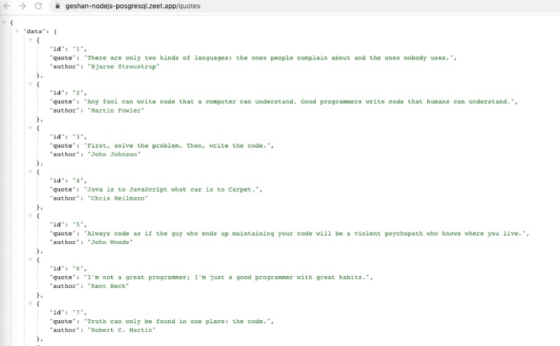 Node.js Quotes API running on Zeet