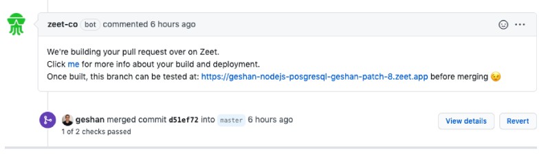 Node.js App deploy preview on Zeet