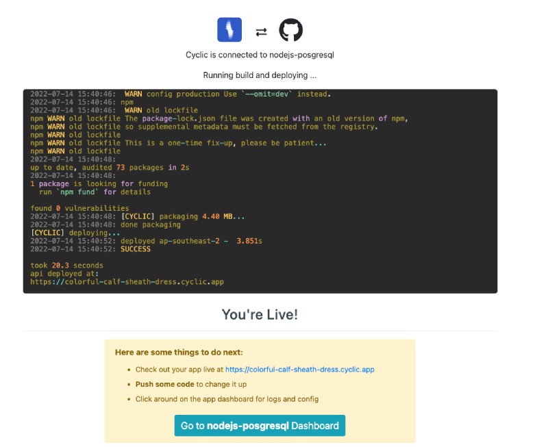 Your app is live with Cyclic