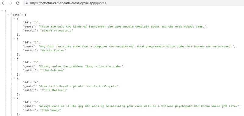 Node.js Quotes API running on Cyclic