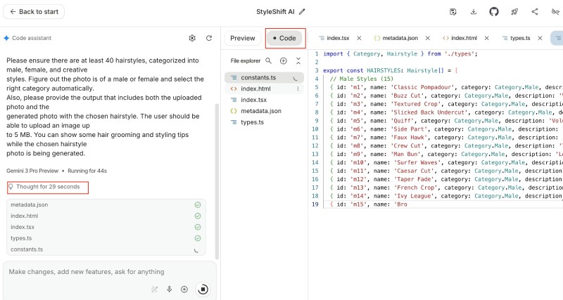 Hair style changer code being generated on Google AI Studio by Gemini 3 LLM Hair style changer code being generated on Google AI Studio by Gemini 3 LLM