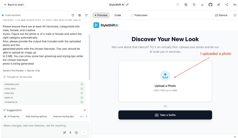 Hair style changer app preview on Google AI Studio Hair style changer app preview on Google AI Studio