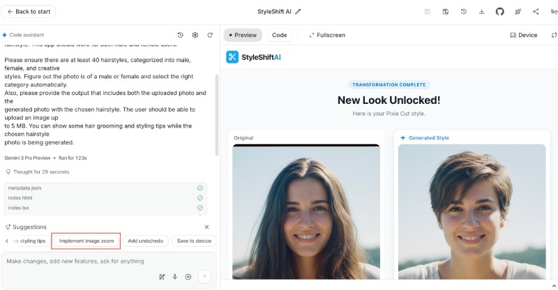 Google AI Studio suggesting other features for the hair style changer app Google AI Studio suggesting other features for the hair style changer app