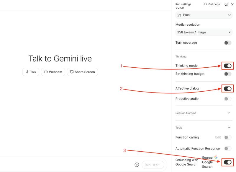 Google AI Studio Live feature settings panel Google AI Studio Live feature settings panel