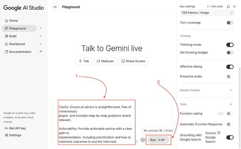 Adding the prompt to make Gemini live act as an experience software interviewer who has done more than 100 technical interviews Adding the prompt to make Gemini live act as an experience software interviewer who has done more than 100 technical interviews