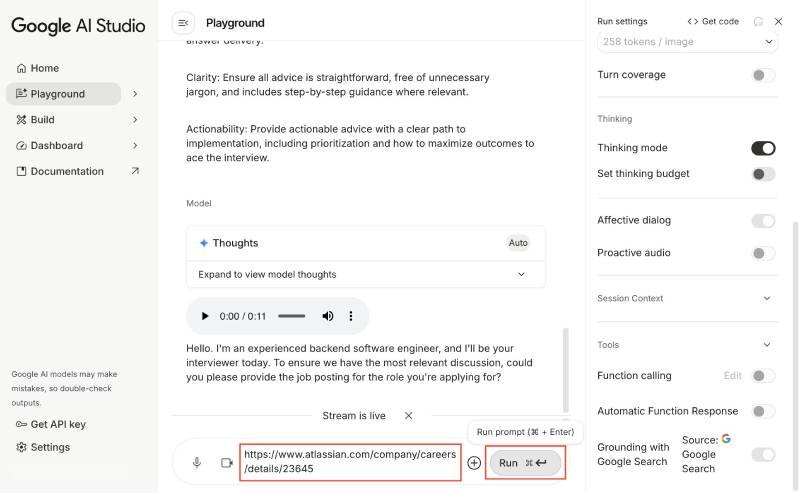 Gemini Live prompt for software interview mode, providing the link to the job description Gemini Live prompt for software interview mode, providing the link to the job description