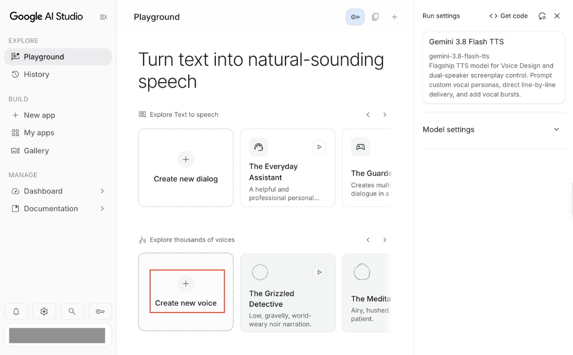 Navigate to Google AI Studio speech generation and click Create new voice Navigate to Google AI Studio speech generation and click Create new voice