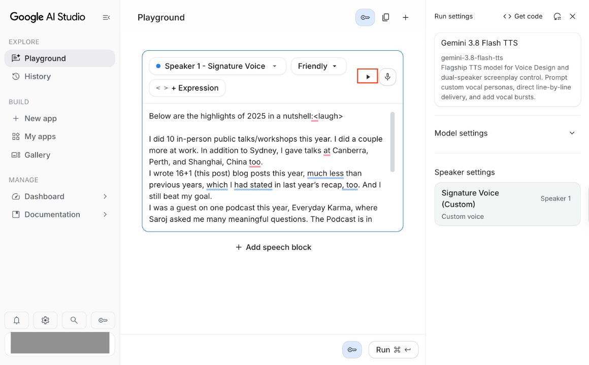 Try cloned voice with text, tone, and expressions in Google AI Studio Try cloned voice with text, tone, and expressions in Google AI Studio
