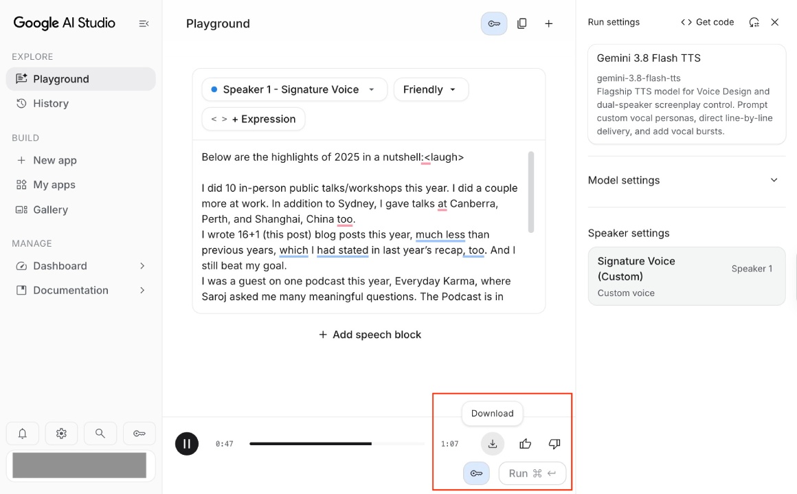 Run speech generation and download WAV audio file in Google AI Studio Run speech generation and download WAV audio file in Google AI Studio