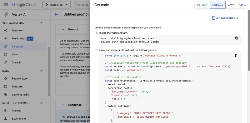 Vertex AI Node.js code sample for your simple text summarizer