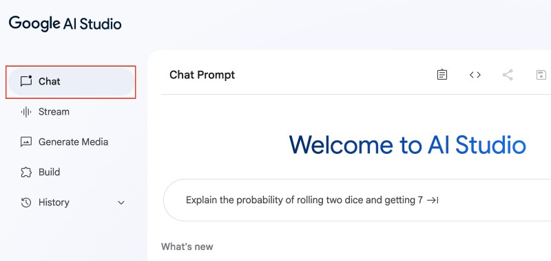 Google AI Studio with the default chat screen Google AI Studio with the default chat screen