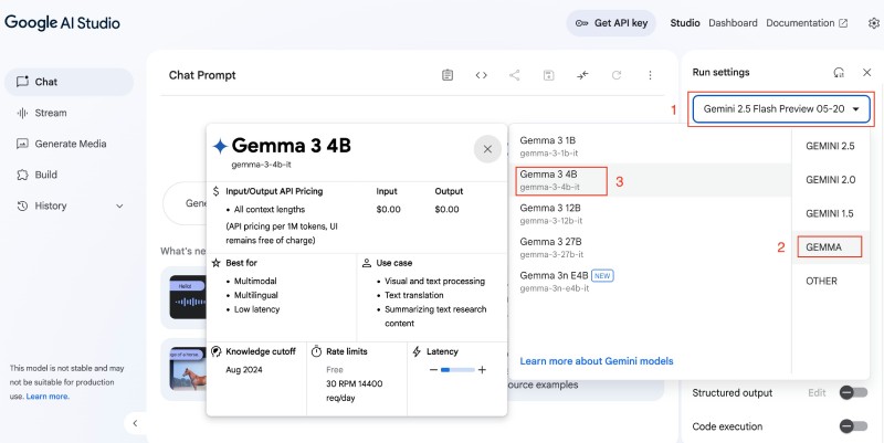 Select Gemma 3 with 4 billion parameters on Google AI Studio Select Gemma 3 with 4 billion parameters on Google AI Studio
