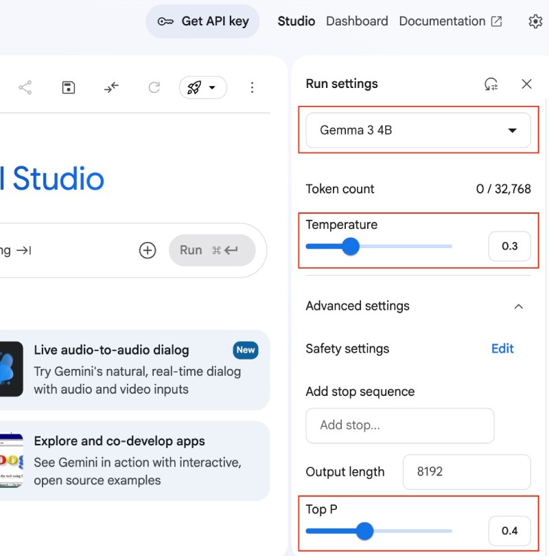 Setting the temparature (creativity) and top p settings for Gemma 3:4B on AI Studio Setting the temparature (creativity) and top p settings for Gemma 3:4B on AI Studio