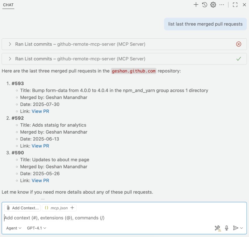Listing pull requests on VS Code with GitHub Copilot Agent Mode on the current project Listing pull requests on VS Code with GitHub Copilot Agent Mode on the current project