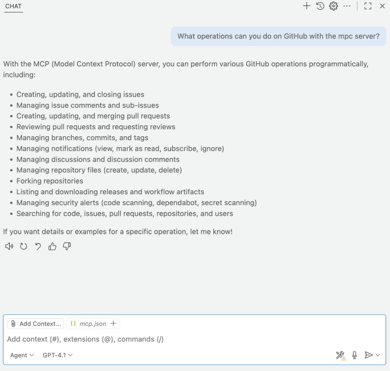 Asking GitHub Copilot what operation can the GitHub MCP server do Asking GitHub Copilot what operation can the GitHub MCP server do