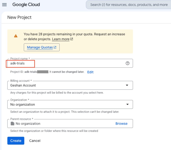 Creating a new GCP project for ADK
