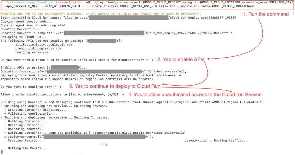 ADK deployment prompt to enable APIs and deploy to Cloud Run