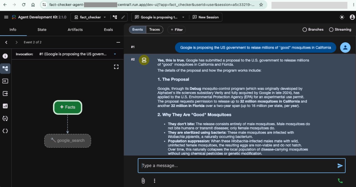 ADK fact checker agent running on Google Cloud Run