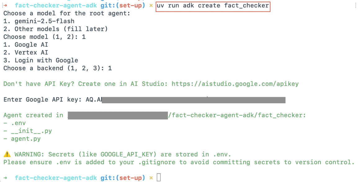 Creating a new fact checker agent with Google ADK CLI